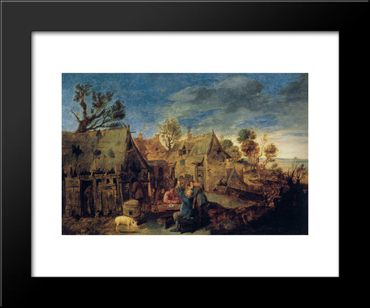 Village Scene With Men Drinking 20x24 Black Modern Wood Framed Art Print Poster by Brouwer, Adriaen