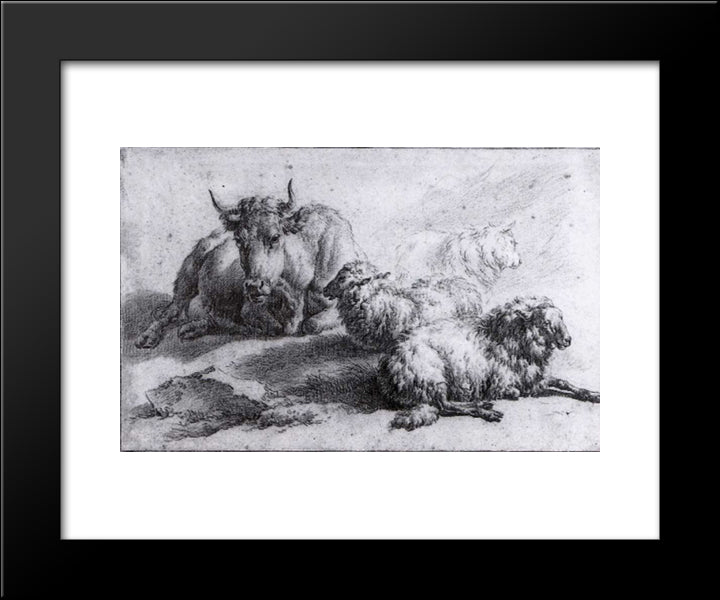 A Cow And Three Sheep 20x24 Black Modern Wood Framed Art Print Poster by Velde, Adriaen van de