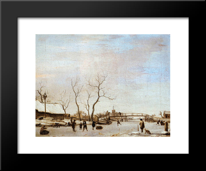 Frozen Canal With Skaters And Hockey Players 20x24 Black Modern Wood Framed Art Print Poster by Velde, Adriaen van de