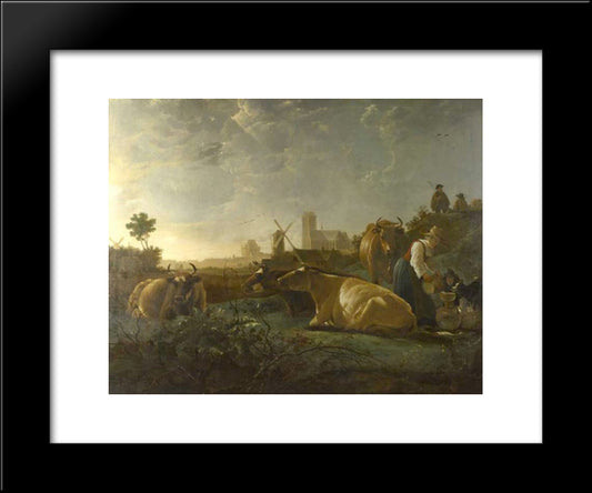 A Distant View Of Dordrecht, With A Milkmaid And Four Cow 20x24 Black Modern Wood Framed Art Print Poster by Cuyp, Aelbert