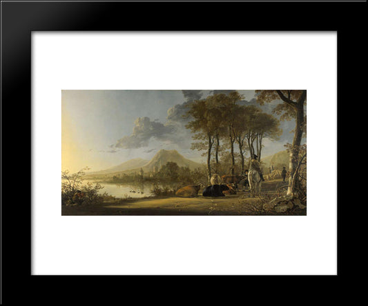 River Landscape With Horseman And Peasants 20x24 Black Modern Wood Framed Art Print Poster by Cuyp, Aelbert