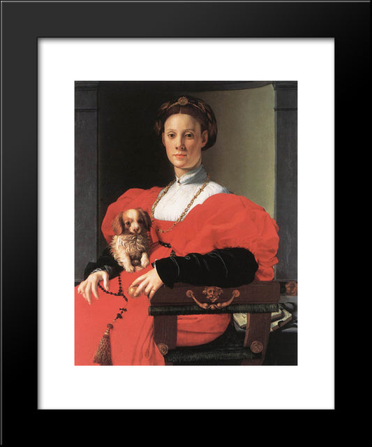 Portrait Of A Lady With A Puppy 20x24 Black Modern Wood Framed Art Print Poster by Bronzino, Agnolo