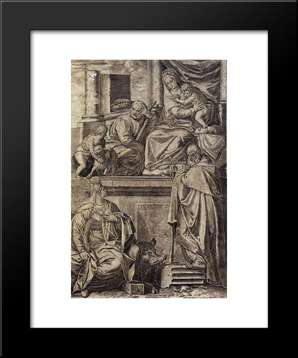 The Holy Family With Sts. Anthony Abbot, Catherine And The Infant St. John 20x24 Black Modern Wood Framed Art Print Poster by Carracci, Agostino