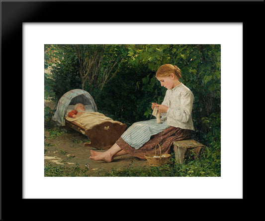 Knitting Girl Watching The Toddler In A Craddle 20x24 Black Modern Wood Framed Art Print Poster by Anker, Albert