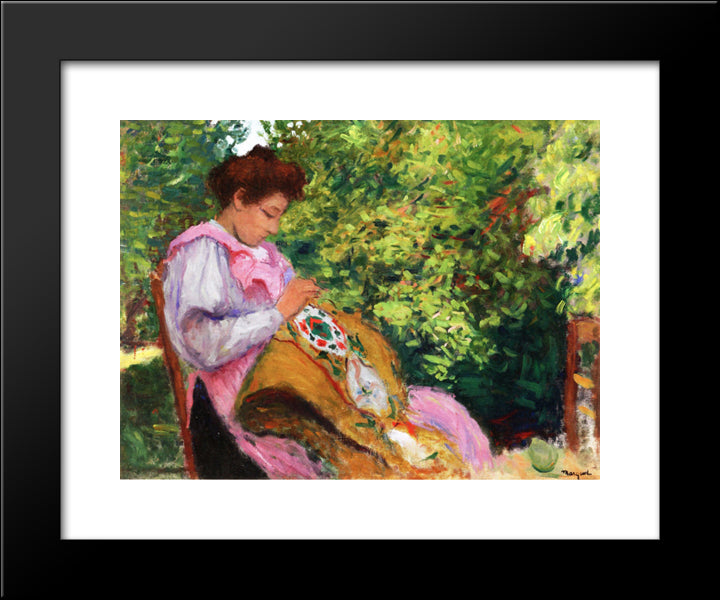 Girl Embroidering, Seated In A Garden 20x24 Black Modern Wood Framed Art Print Poster by Marquet, Albert