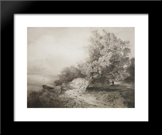 Old Oak Tree At The Cliff Above The River 20x24 Black Modern Wood Framed Art Print Poster by Savrasov, Aleksey