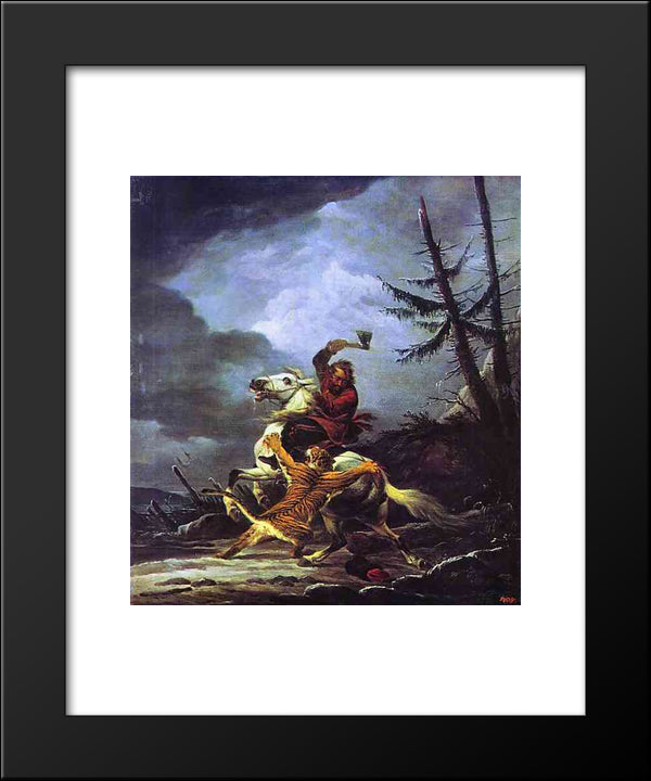 Cossack Fighting Off A Tiger 20x24 Black Modern Wood Framed Art Print Poster by Orlowski, Alexander