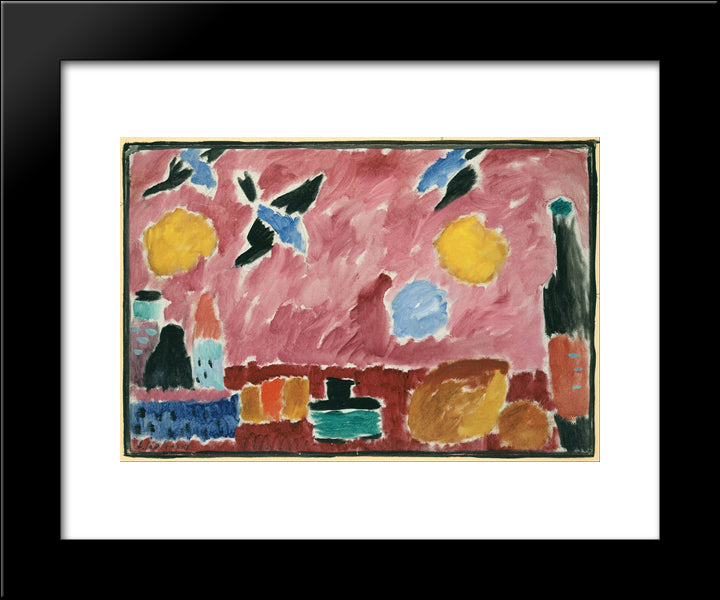 Still Life With Bottle, Bread And Red Wallpaper With Swallows 20x24 Black Modern Wood Framed Art Print Poster by von Jawlensky, Alexej