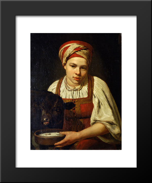 A Peasant Girl With A Calf 20x24 Black Modern Wood Framed Art Print Poster by Venetsianov, Alexey