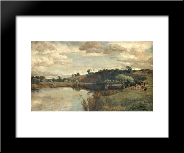 River Scene With A Shepherd And Sheep By A Ferry 20x24 Black Modern Wood Framed Art Print Poster by Parsons, Alfred