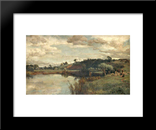 River Scene With A Shepherd And Sheep By A Ferry 20x24 Black Modern Wood Framed Art Print Poster by Parsons, Alfred