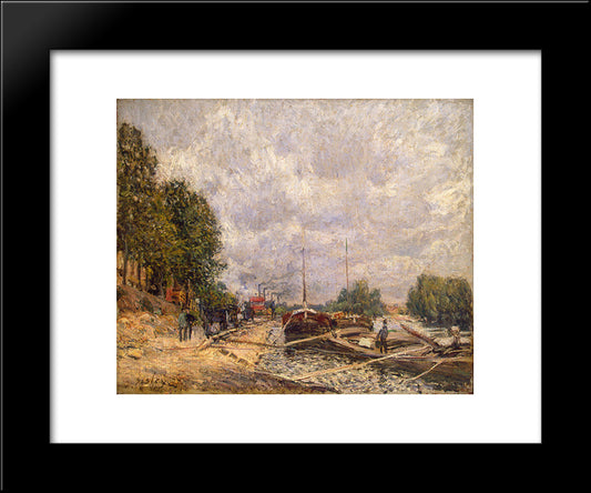 Barges At Billancourt 20x24 Black Modern Wood Framed Art Print Poster by Sisley, Alfred