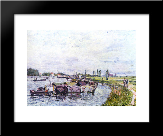Barges At Saint Mammes 20x24 Black Modern Wood Framed Art Print Poster by Sisley, Alfred
