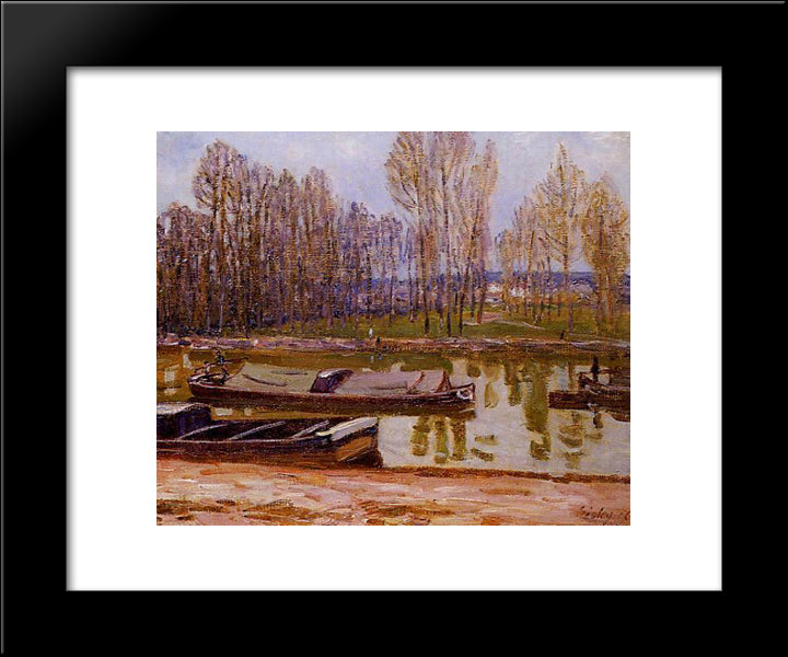 Barges On The Loing Canal, Spring 20x24 Black Modern Wood Framed Art Print Poster by Sisley, Alfred