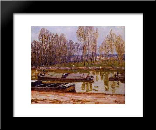Barges On The Loing Canal, Spring 20x24 Black Modern Wood Framed Art Print Poster by Sisley, Alfred