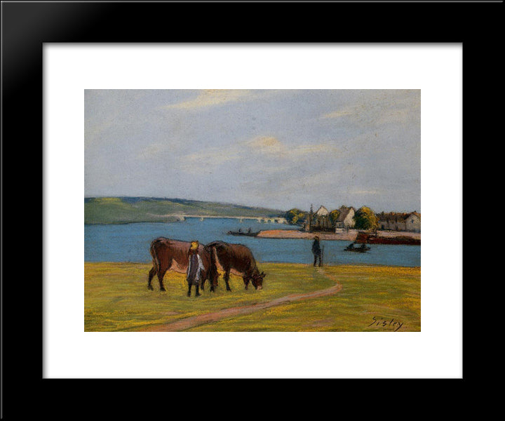Cows By The Seine At Saint Mammes 20x24 Black Modern Wood Framed Art Print Poster by Sisley, Alfred