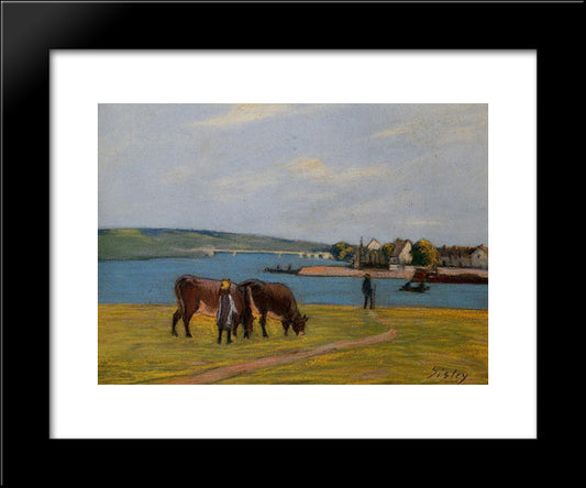 Cows By The Seine At Saint Mammes 20x24 Black Modern Wood Framed Art Print Poster by Sisley, Alfred