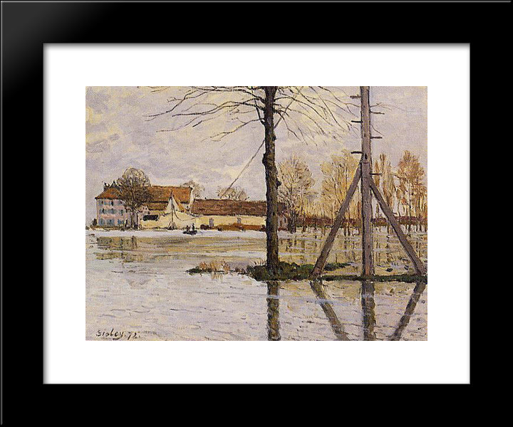 Ferry To The Ile De La Loge, Flood 20x24 Black Modern Wood Framed Art Print Poster by Sisley, Alfred
