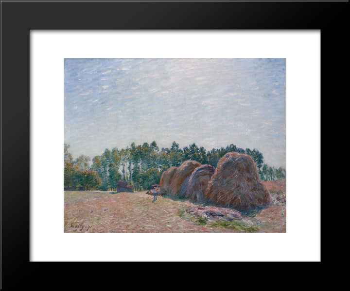 Haystacks At Moret Morning Light 20x24 Black Modern Wood Framed Art Print Poster by Sisley, Alfred