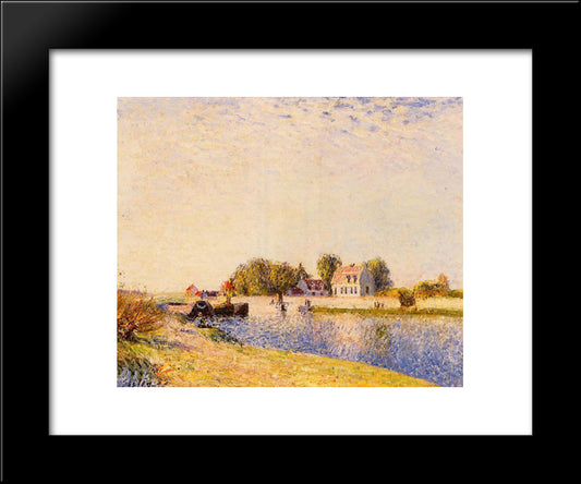 The Dam On The Loing Barges 20x24 Black Modern Wood Framed Art Print Poster by Sisley, Alfred