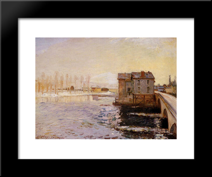 The Moret Bridge And Mills Under Snow 20x24 Black Modern Wood Framed Art Print Poster by Sisley, Alfred