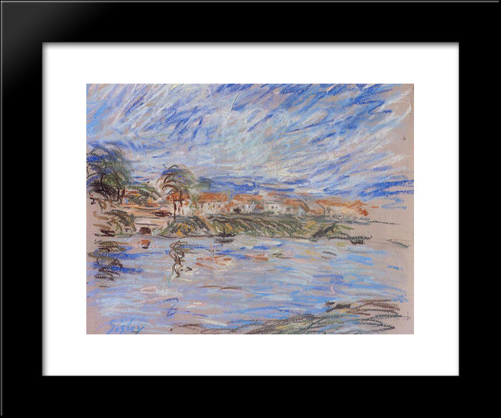 View Of A Village By A River 20x24 Black Modern Wood Framed Art Print Poster by Sisley, Alfred