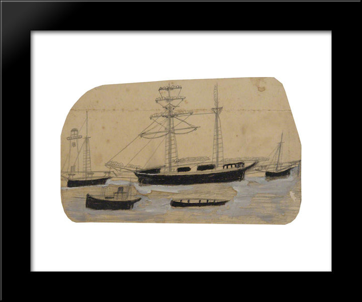 Five Ships In Port With Lighthouse 20x24 Black Modern Wood Framed Art Print Poster by Wallis, Alfred