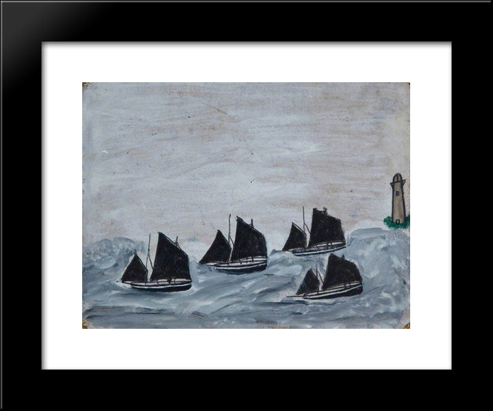 Four Boats By A Lighthouse 20x24 Black Modern Wood Framed Art Print Poster by Wallis, Alfred