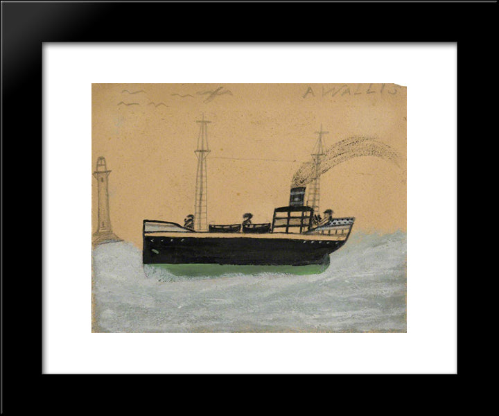 Green And Black Steamer, Lighthouse And Seagulls 20x24 Black Modern Wood Framed Art Print Poster by Wallis, Alfred