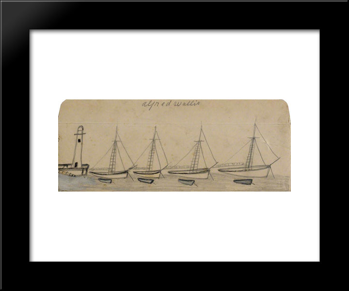 Lighthouse, Four Moored Sail Boats And Rowing Boats 20x24 Black Modern Wood Framed Art Print Poster by Wallis, Alfred