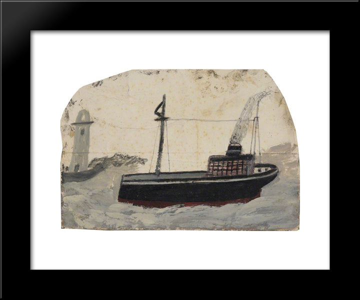 Small Black Steamer With Lighthouse 20x24 Black Modern Wood Framed Art Print Poster by Wallis, Alfred