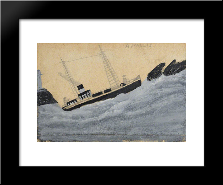 Steamboat With Two Sailors, Lighthouse And Rocks 20x24 Black Modern Wood Framed Art Print Poster by Wallis, Alfred