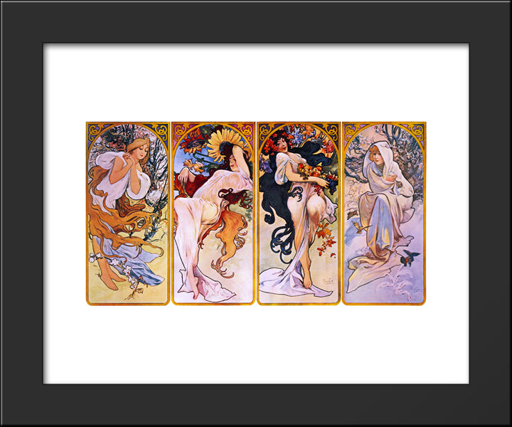 Cropped Print Of Four Panels Each Depicting One Of The Four Seasons Personified By A Woman 20x24 Black Modern Wood Framed Art Print Poster by Mucha, Alphonse
