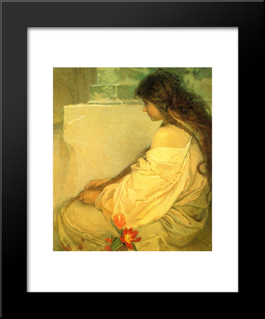Girl With Loose Hair And Tulips 20x24 Black Modern Wood Framed Art Print Poster by Mucha, Alphonse