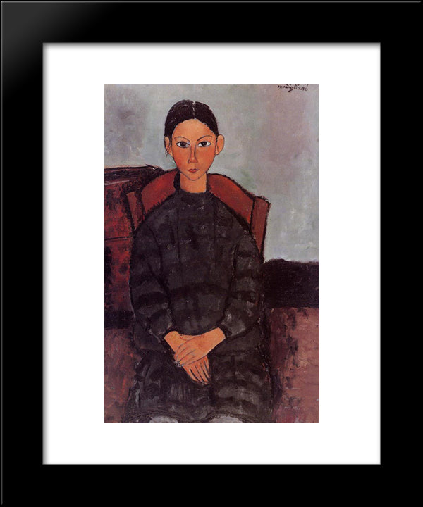 A Young Girl With A Black Overall 20x24 Black Modern Wood Framed Art Print Poster by Modigliani, Amedeo