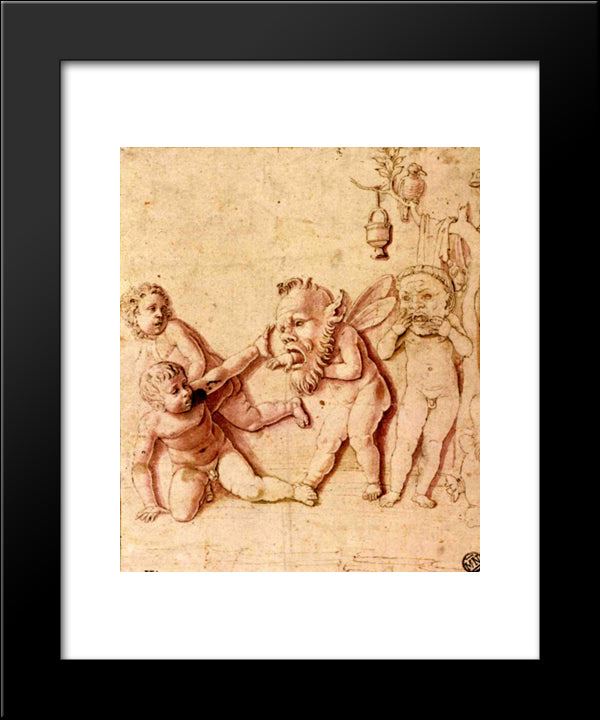 Children Playing With Masks 20x24 Black Modern Wood Framed Art Print Poster by Mantegna, Andrea