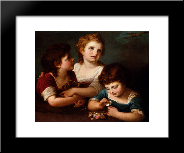 Children With A Bird'S Nest And Flowers 20x24 Black Modern Wood Framed Art Print Poster by Kauffman, Angelica