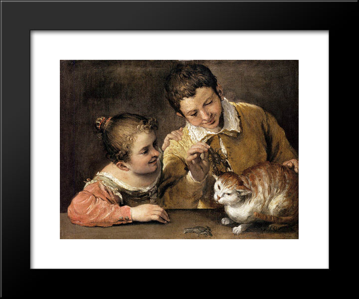 Two Children Teasing A Cat 20x24 Black Modern Wood Framed Art Print Poster by Carracci, Annibale