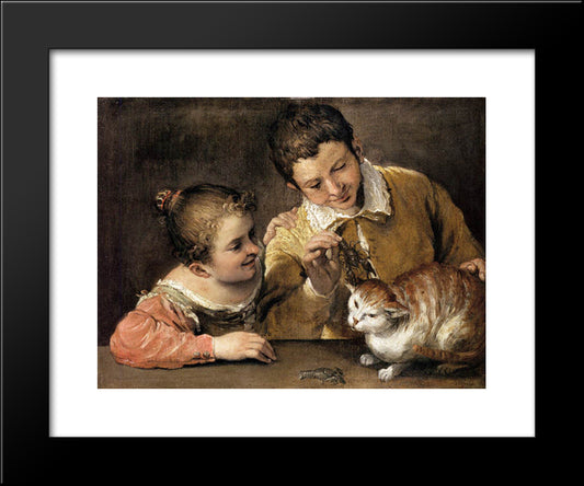 Two Children Teasing A Cat 20x24 Black Modern Wood Framed Art Print Poster by Carracci, Annibale