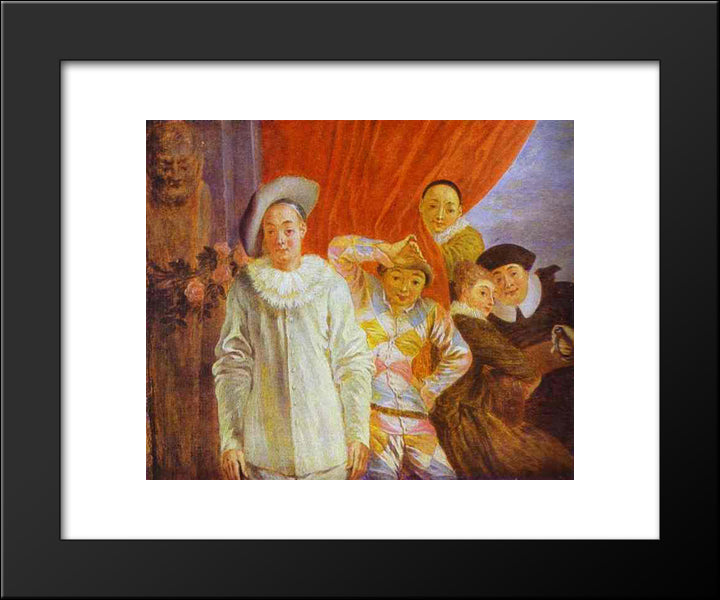 Arlequin, Pierrot And Scapin 20x24 Black Modern Wood Framed Art Print Poster by Watteau, Antoine