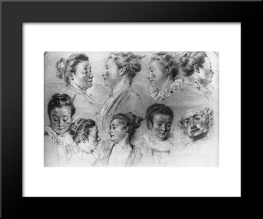 Studies Of Women'S Heads 20x24 Black Modern Wood Framed Art Print Poster by Watteau, Antoine