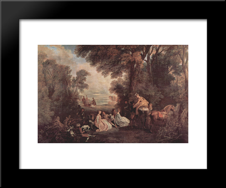 The Halt During The Chase 20x24 Black Modern Wood Framed Art Print Poster by Watteau, Antoine