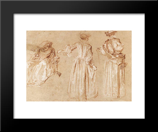 Three Studies Of A Lady With A Hat 20x24 Black Modern Wood Framed Art Print Poster by Watteau, Antoine
