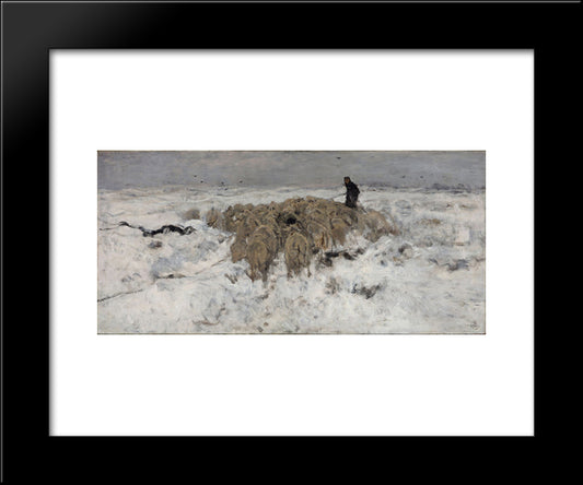 Flock Of Sheep With Shepherd In The Snow 20x24 Black Modern Wood Framed Art Print Poster by Mauve, Anton