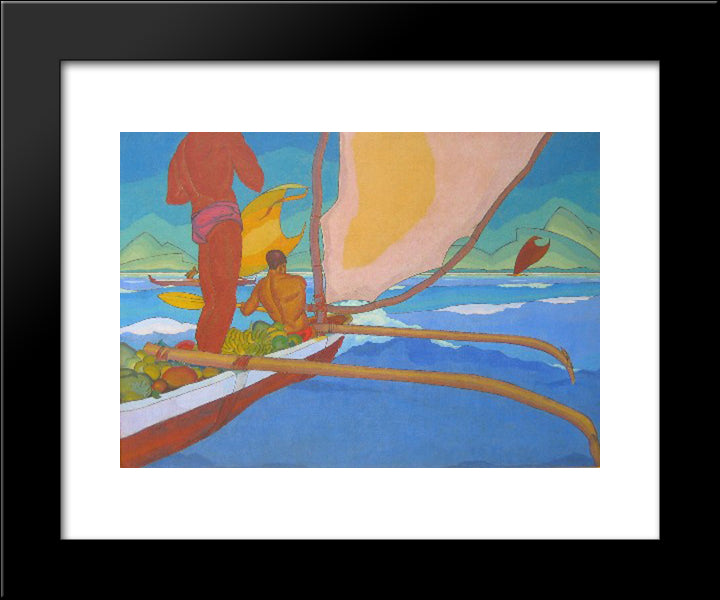 Men In An Outrigger Canoe Headed For Shore 20x24 Black Modern Wood Framed Art Print Poster by Manookian, Arman