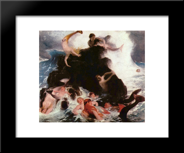 Mermaids At Play 20x24 Black Modern Wood Framed Art Print Poster by Bocklin, Arnold