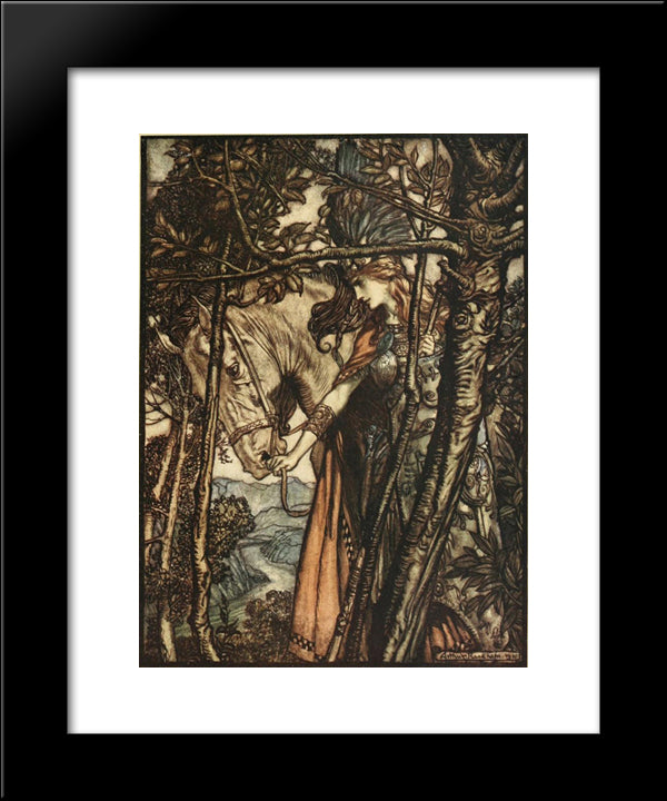 Brunnhilde Slowly And Silently Leads Her Horse Down The Path To The Cave 20x24 Black Modern Wood Framed Art Print Poster by Rackham, Arthur