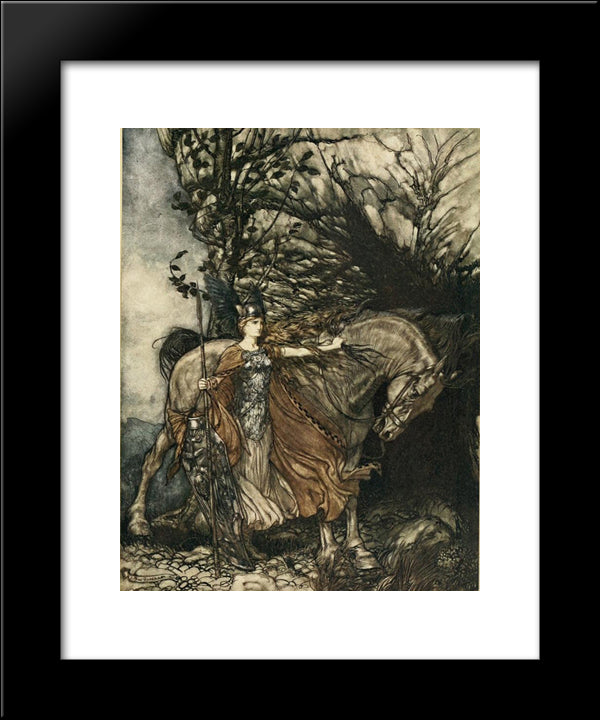 Brunnhilde With Her Horse, At The Mouth Of The Cave 20x24 Black Modern Wood Framed Art Print Poster by Rackham, Arthur