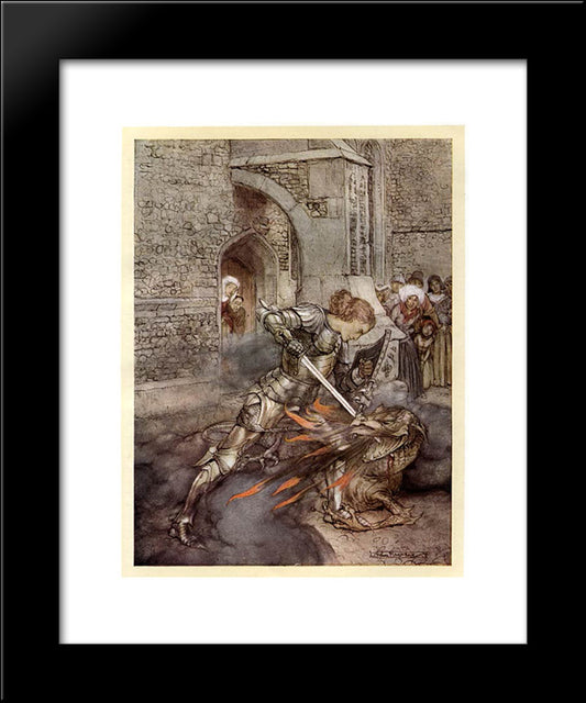 Lancelot Fights Against A Dragon At The Castle Of Corbin 20x24 Black Modern Wood Framed Art Print Poster by Rackham, Arthur