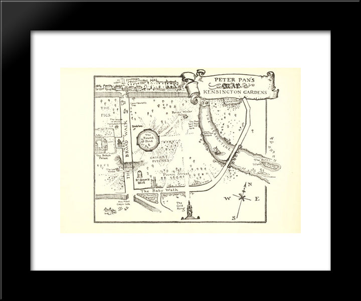 Map Of Peter Pan'S Kensington Gardens 20x24 Black Modern Wood Framed Art Print Poster by Rackham, Arthur